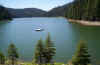 Our raft in position in Lower Bucks Lake.  Our beach is on the right with less stumps.